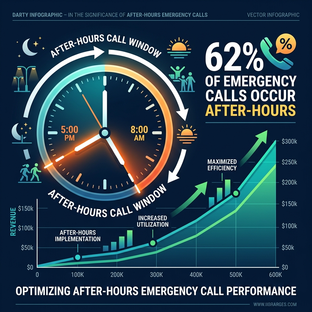 Infographic showing 62 percent of plumbing emergency leads happen after hours when traditional offices are closed.