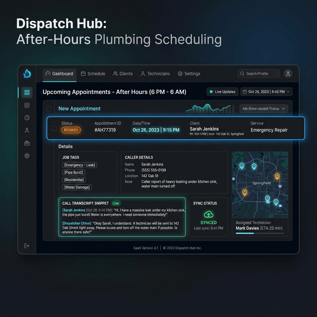 Software dashboard displaying after hours plumbing appointment scheduling details and real-time CRM integration.