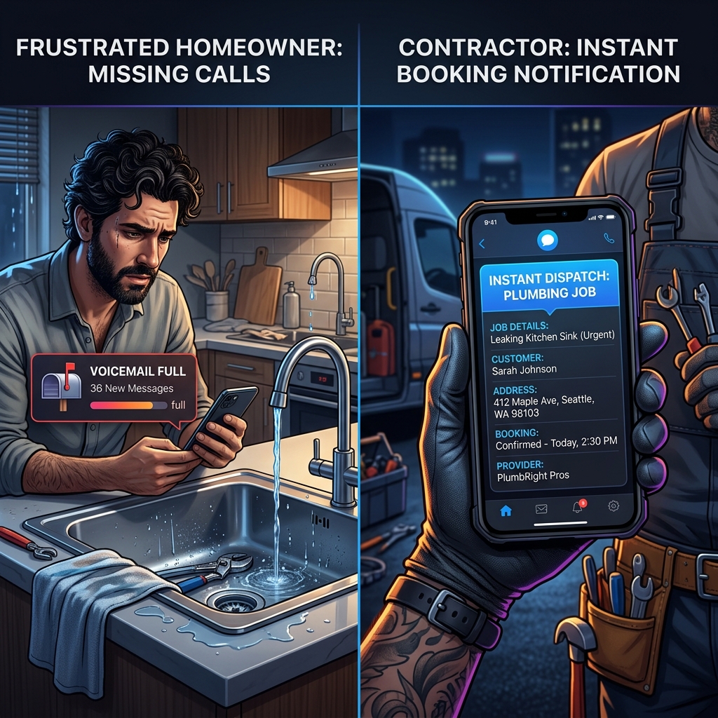 Side by side comparison of a missed plumbing emergency call vs an instant AI receptionist dispatch notification for contractors.