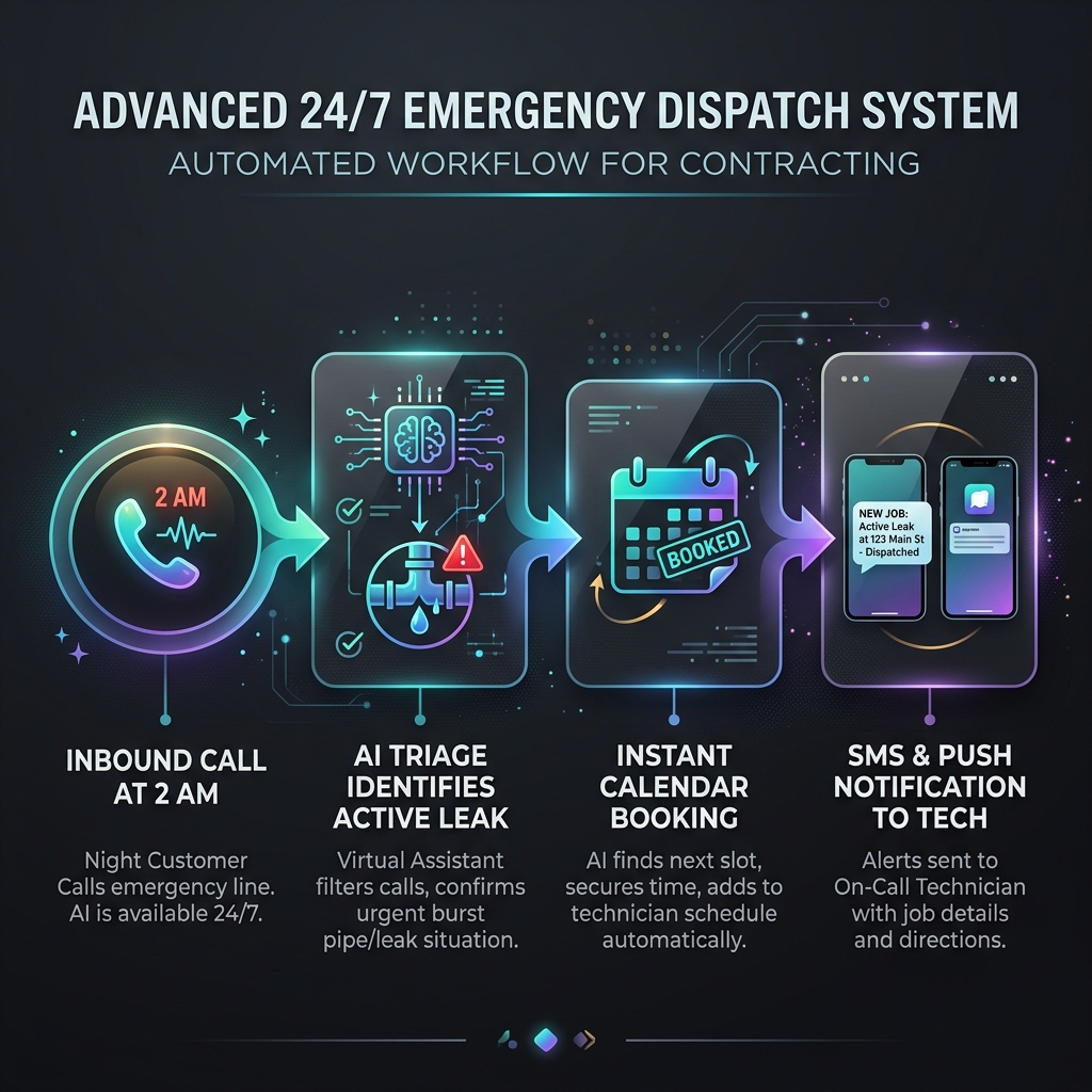 Step-by-step flowchart showing automated burst pipe call routing and after hours emergency dispatch for plumbing contractors.