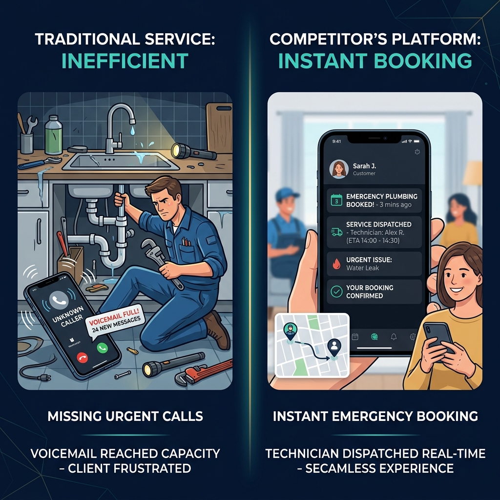 Plumbing contractor losing leads to competitors due to missed calls while an automated AI receptionist books the job.
