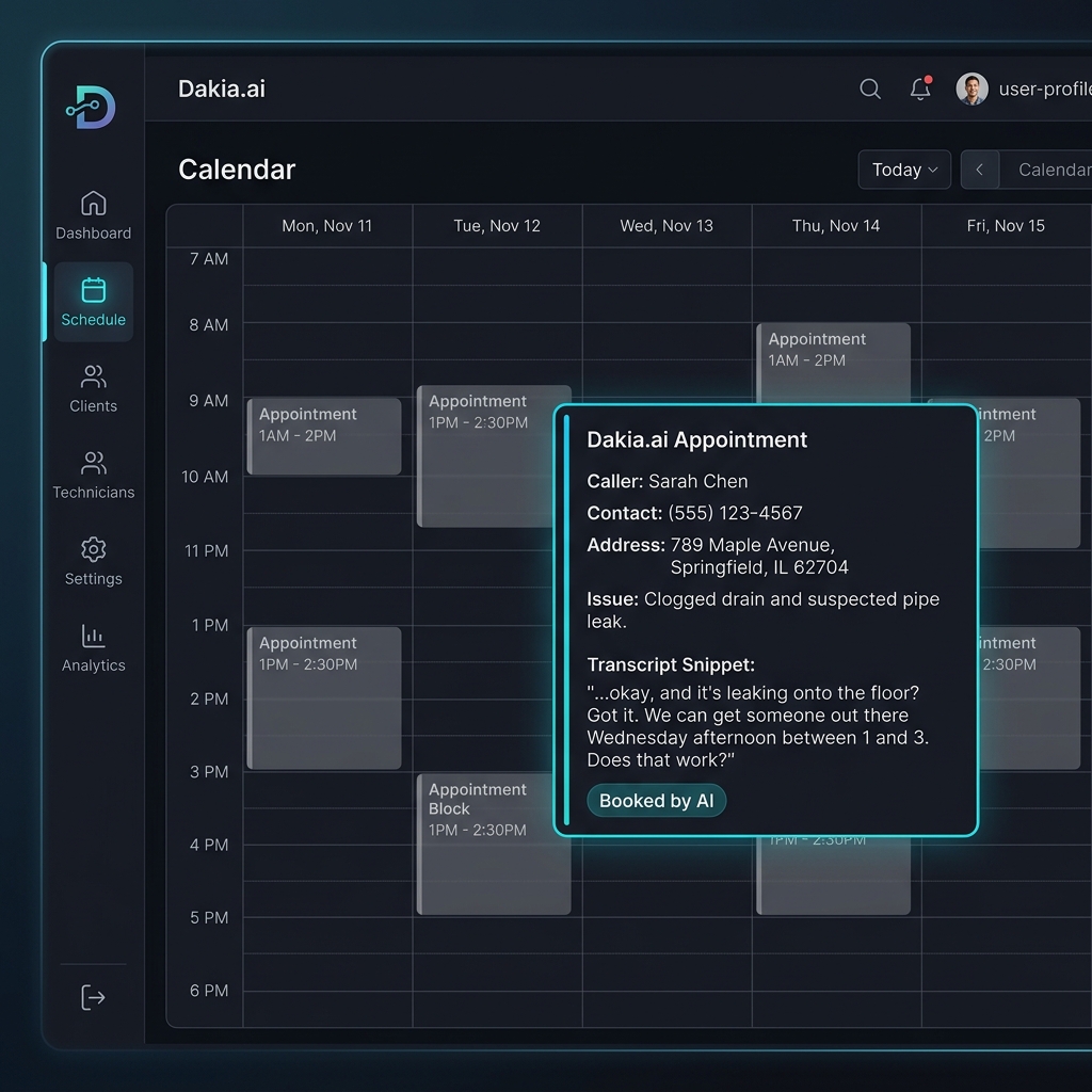 Software interface showing ServiceTitan answering service integration automatically booking a plumbing job from an AI call.